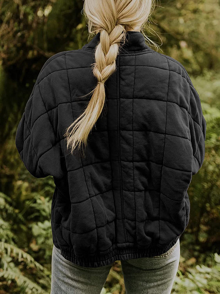 Solid Cotton Blend High Neck Zip-Up Quilted Jacket Quilted | Chuzko.com