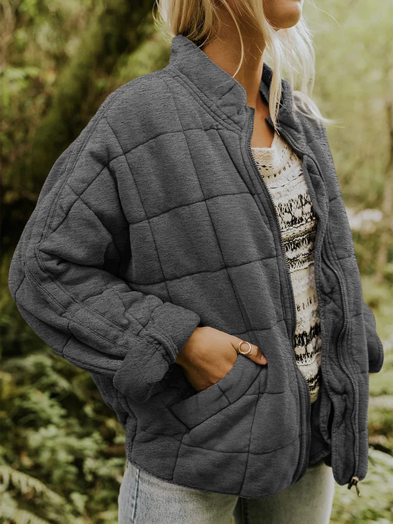 Solid Cotton Blend High Neck Zip-Up Quilted Jacket Quilted | Chuzko.com