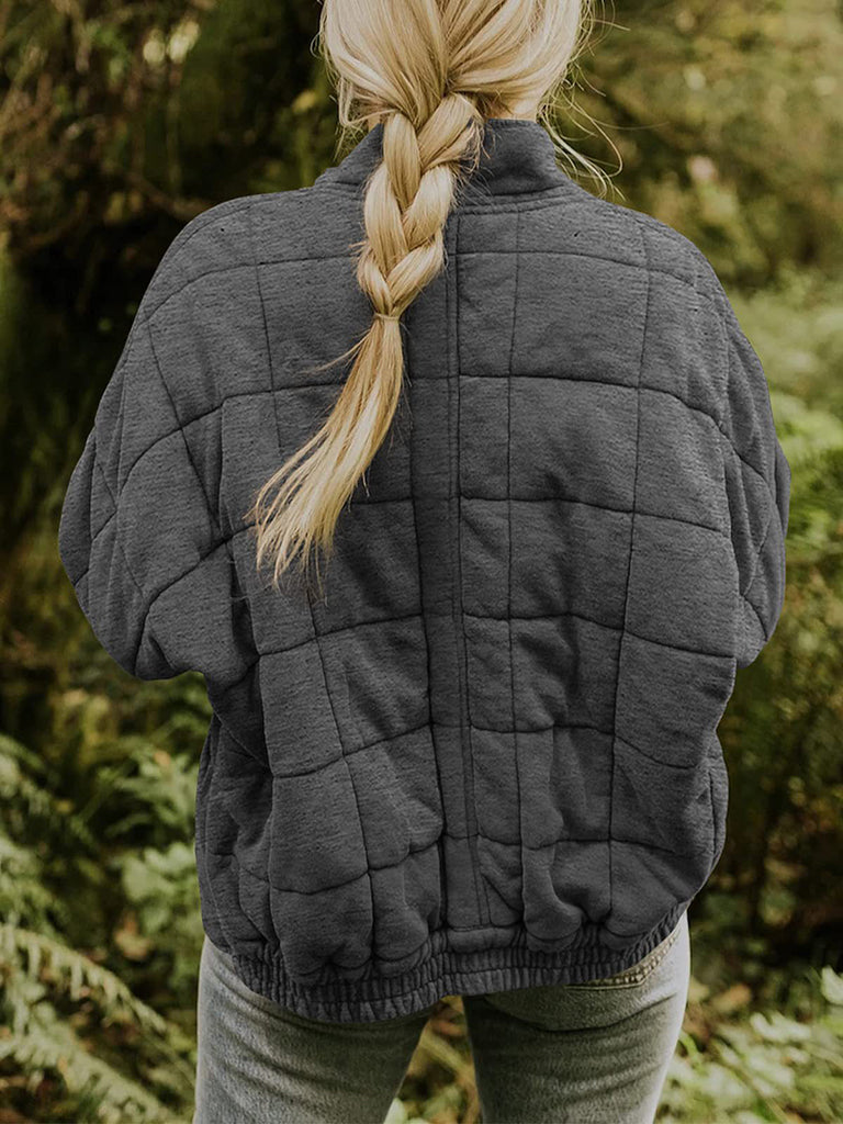 Solid Cotton Blend High Neck Zip-Up Quilted Jacket Quilted | Chuzko.com