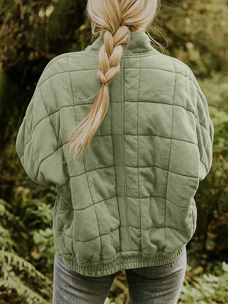 Solid Cotton Blend High Neck Zip-Up Quilted Jacket Quilted | Chuzko.com