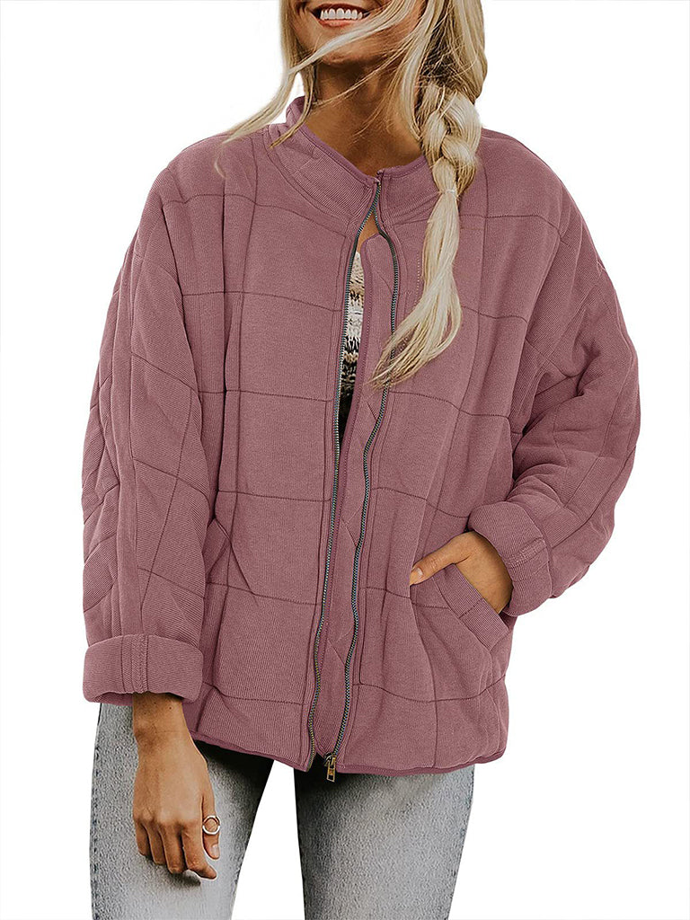 Solid Cotton Blend High Neck Zip-Up Quilted Jacket Quilted | Chuzko.com