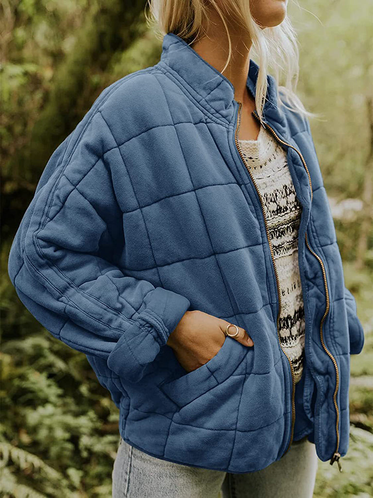 Solid Cotton Blend High Neck Zip-Up Quilted Jacket Quilted | Chuzko.com