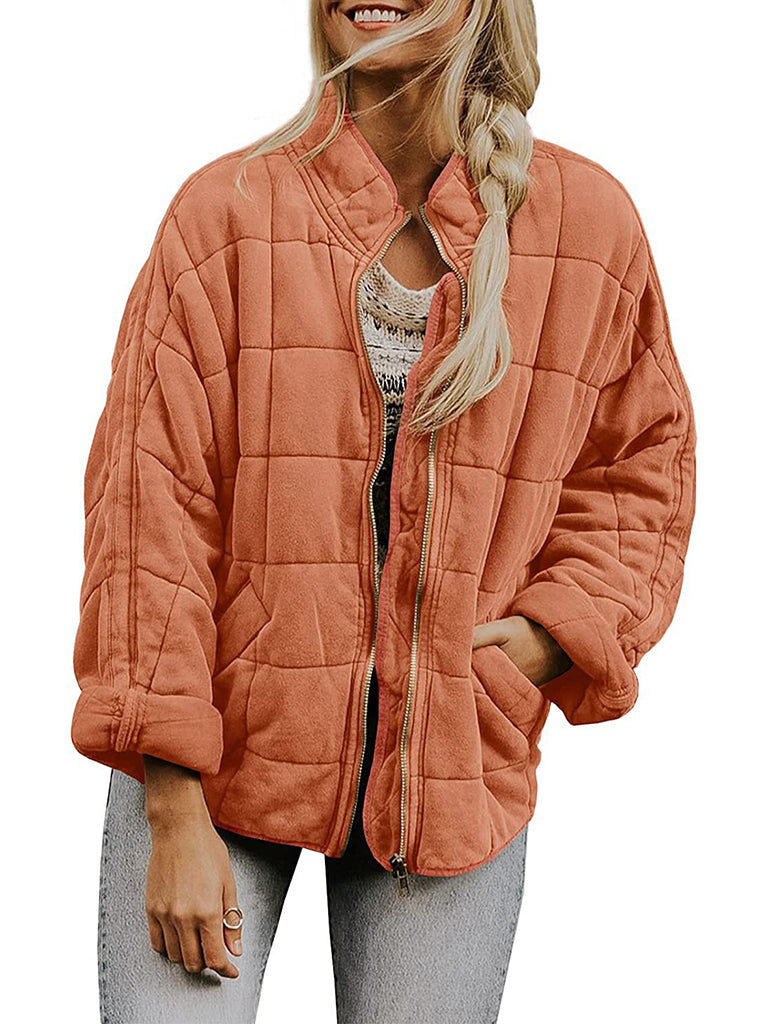 Solid Cotton Blend High Neck Zip-Up Quilted Jacket Quilted | Chuzko.com