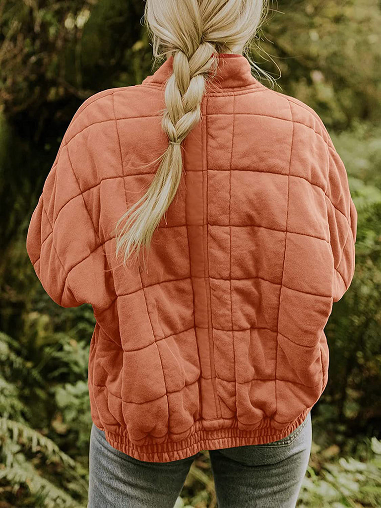 Solid Cotton Blend High Neck Zip-Up Quilted Jacket Quilted | Chuzko.com