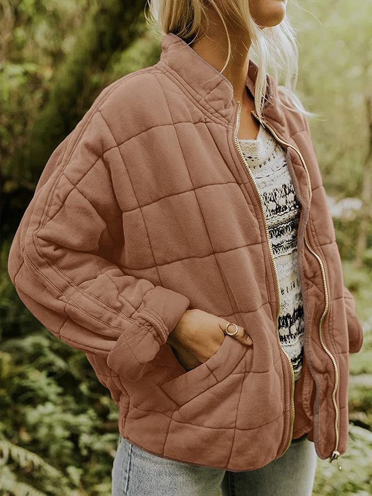 Solid Cotton Blend High Neck Zip-Up Quilted Jacket Quilted | Chuzko.com