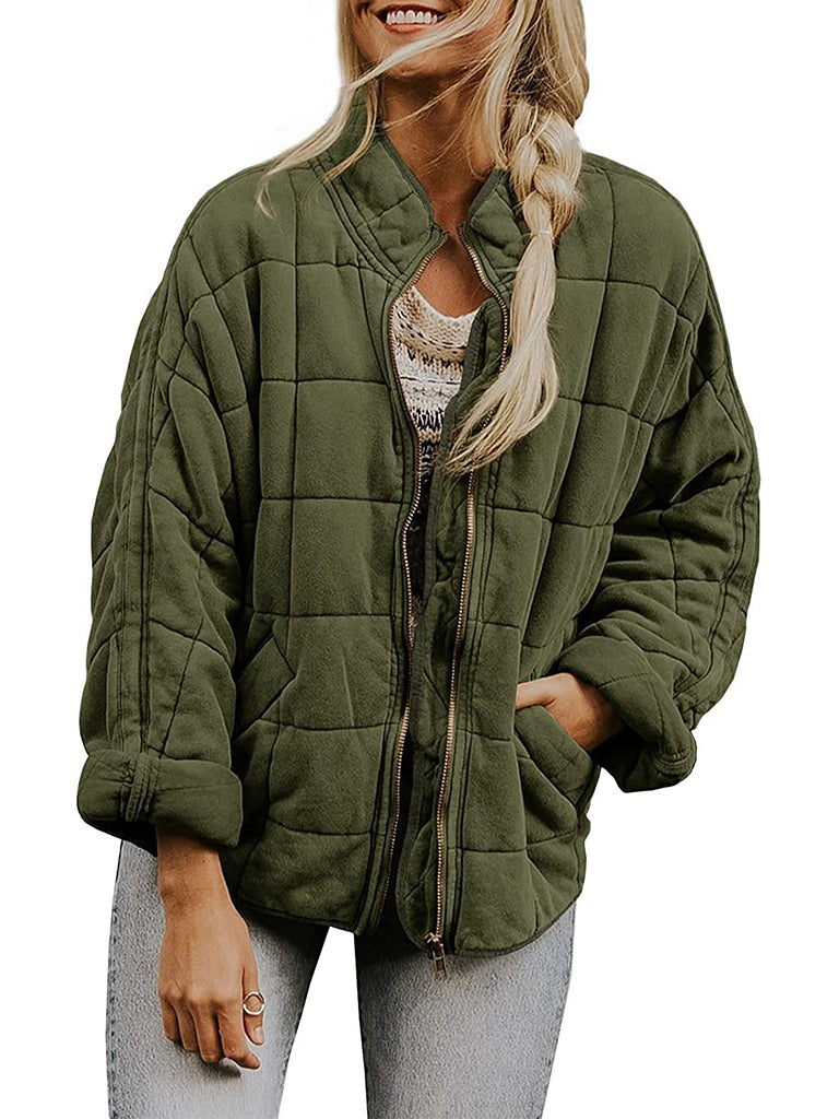 Solid Cotton Blend High Neck Zip-Up Quilted Jacket Quilted | Chuzko.com