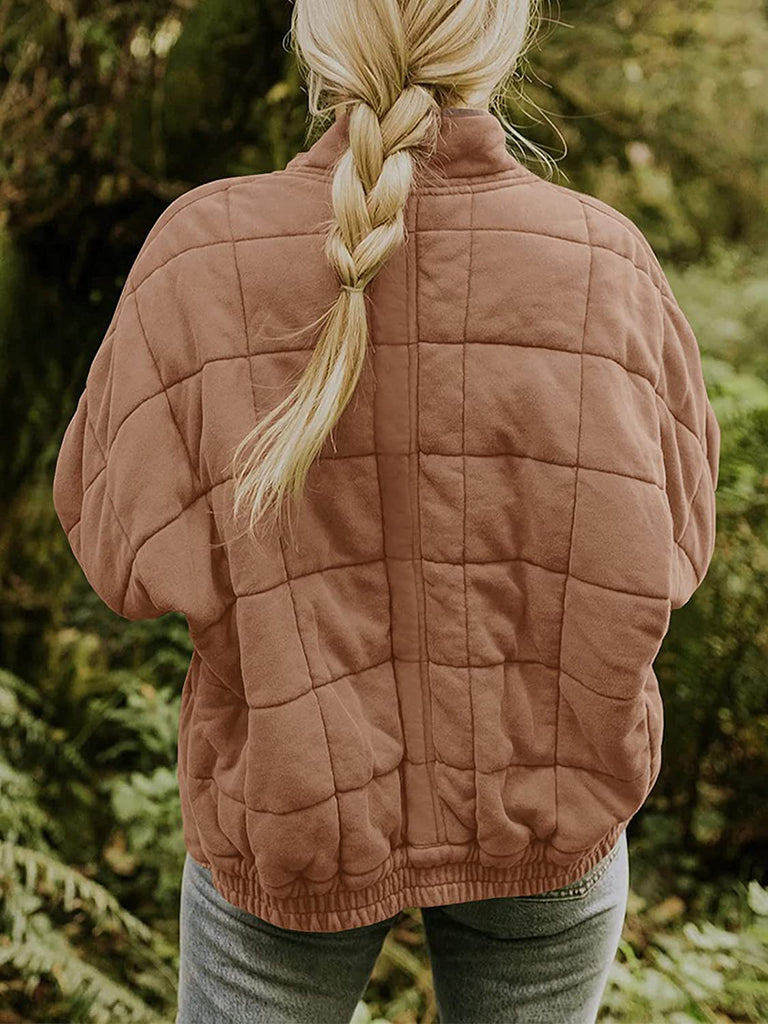 Solid Cotton Blend High Neck Zip-Up Quilted Jacket Quilted | Chuzko.com