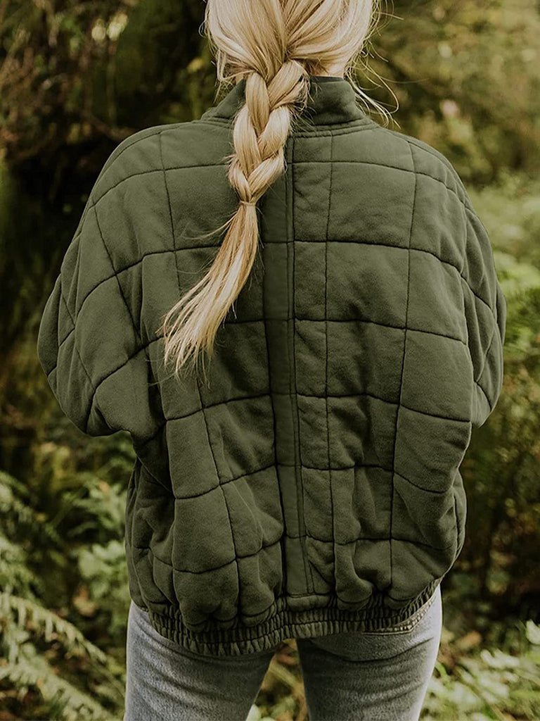 Solid Cotton Blend High Neck Zip-Up Quilted Jacket Quilted | Chuzko.com