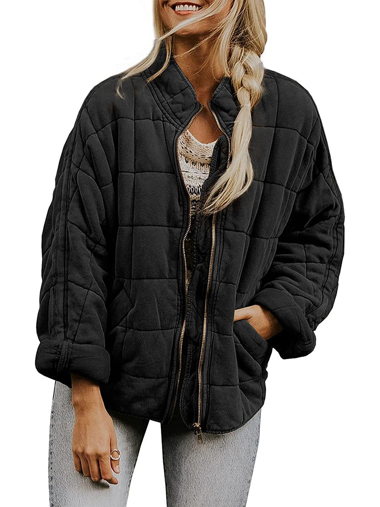 Solid Cotton Blend High Neck Zip-Up Quilted Jacket Quilted | Chuzko.com