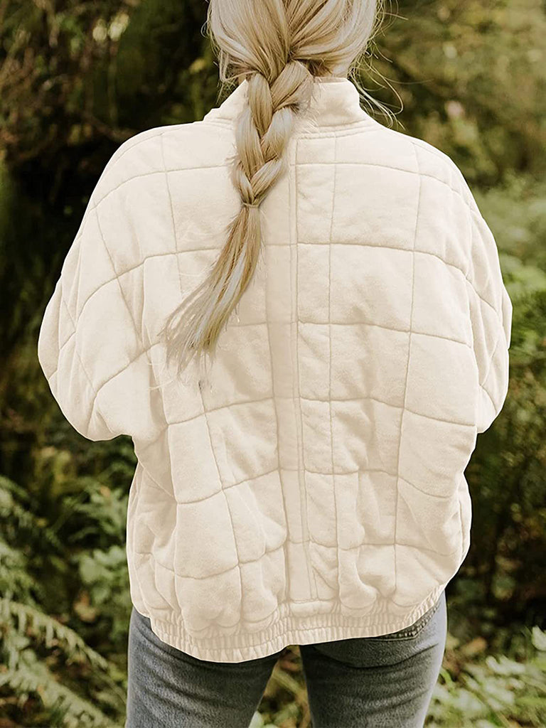 Solid Cotton Blend High Neck Zip-Up Quilted Jacket Quilted | Chuzko.com