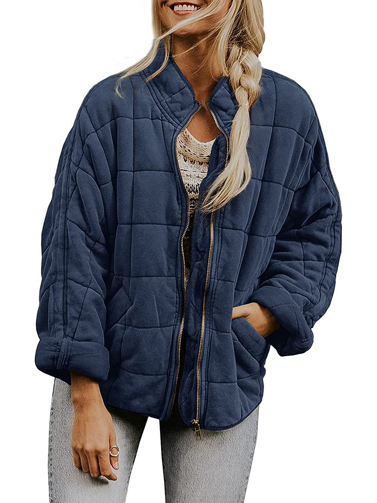 Solid Cotton Blend High Neck Zip-Up Quilted Jacket Quilted | Chuzko.com