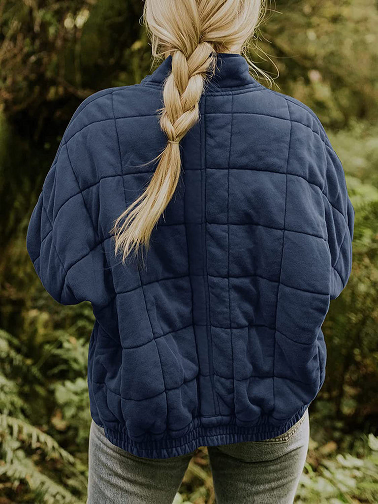 Solid Cotton Blend High Neck Zip-Up Quilted Jacket Quilted | Chuzko.com