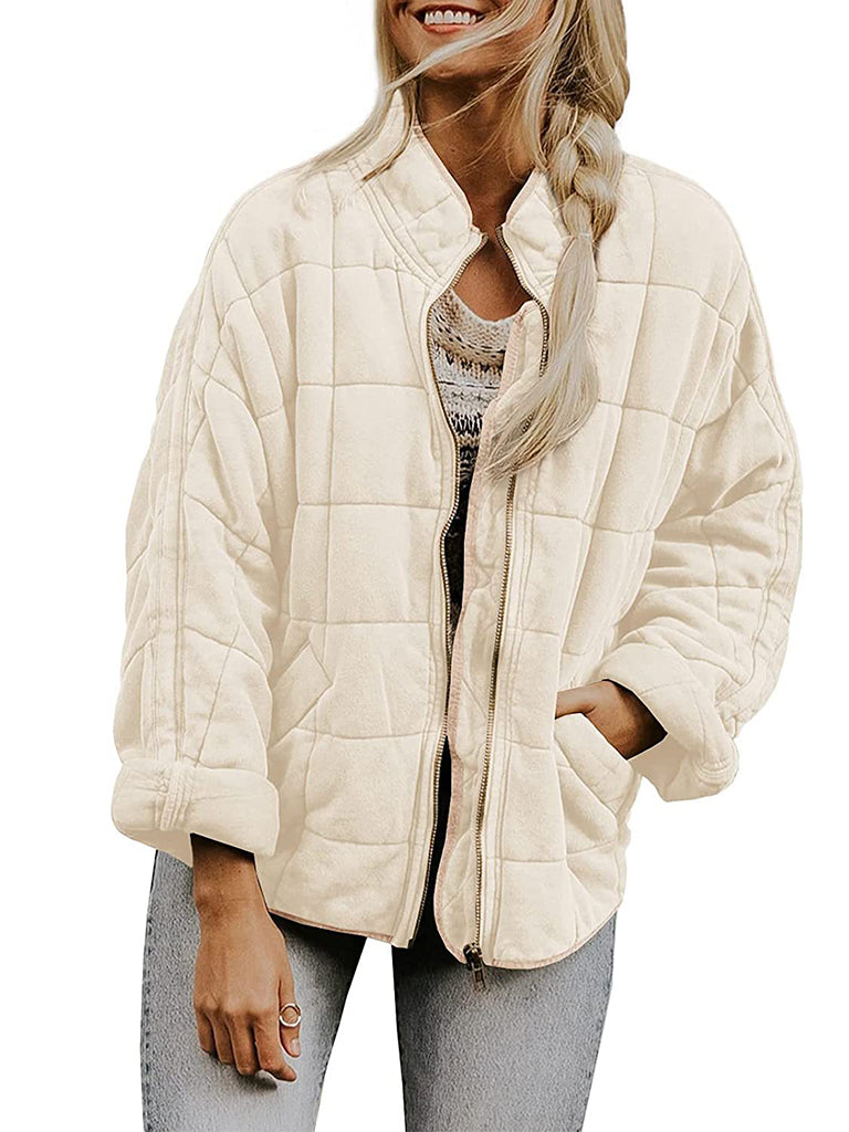 Solid Cotton Blend High Neck Zip-Up Quilted Jacket Quilted | Chuzko.com