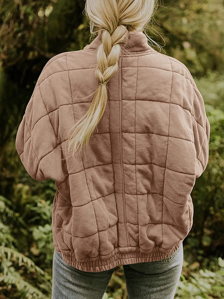 Solid Cotton Blend High Neck Zip-Up Quilted Jacket Quilted | Chuzko.com