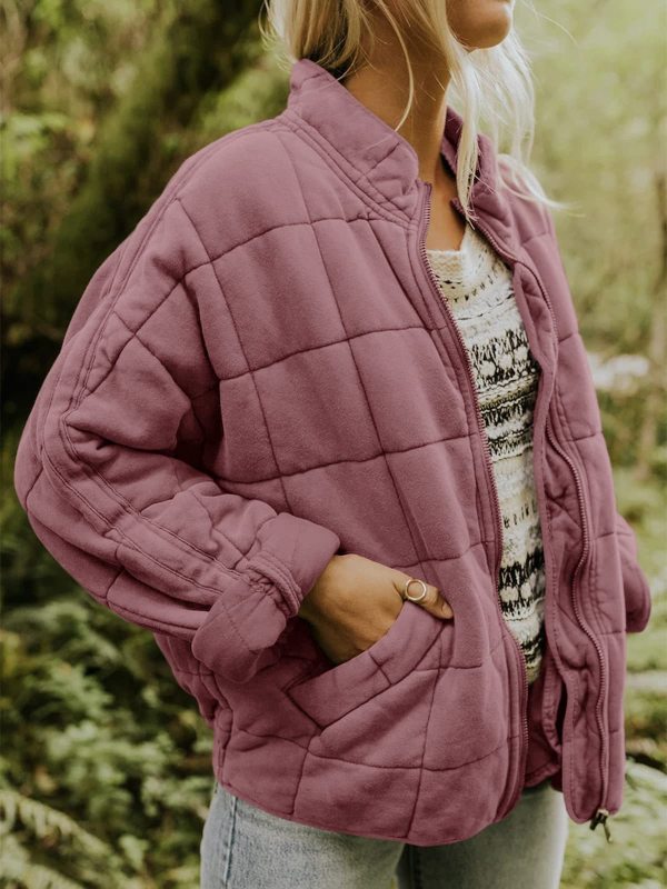 Solid Cotton Blend High Neck Zip-Up Quilted Jacket Quilted | Chuzko.com