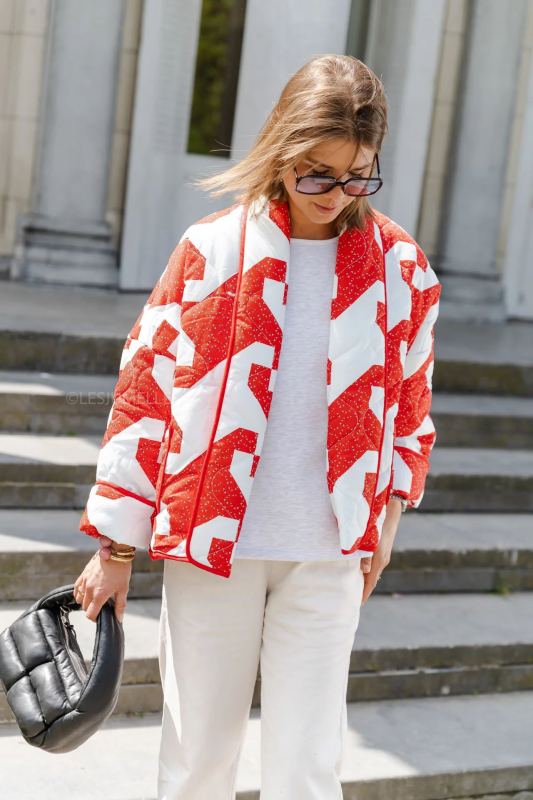 Abstract Print Contrast Binding Quilted Jacket	