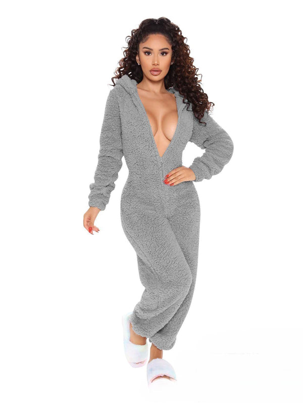 Faux Fur Loungewear Hooded Bear Suit Coveralls Loungewear | Chuzko.com