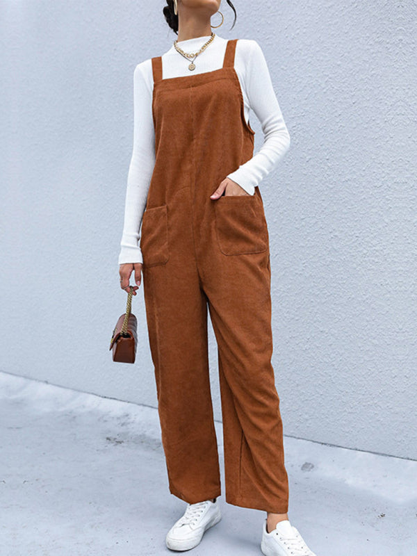 Solid Corduroy Bib Pants Patch Pockets Overalls Jumpers Bib | Chuzko.com