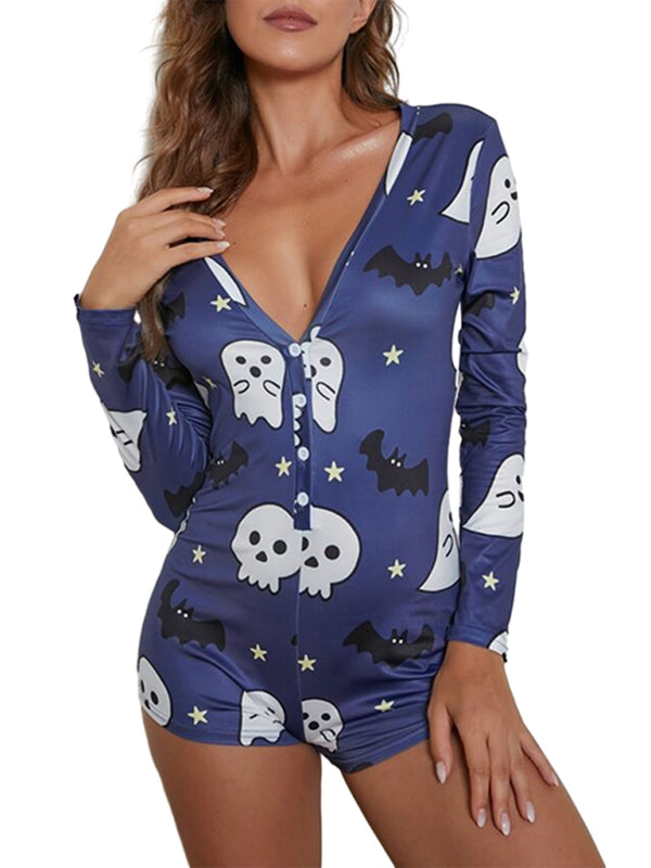 Spooky Halloween Lounge Long Sleeve Shorts Jumpsuit Rompers | Chuzko.com