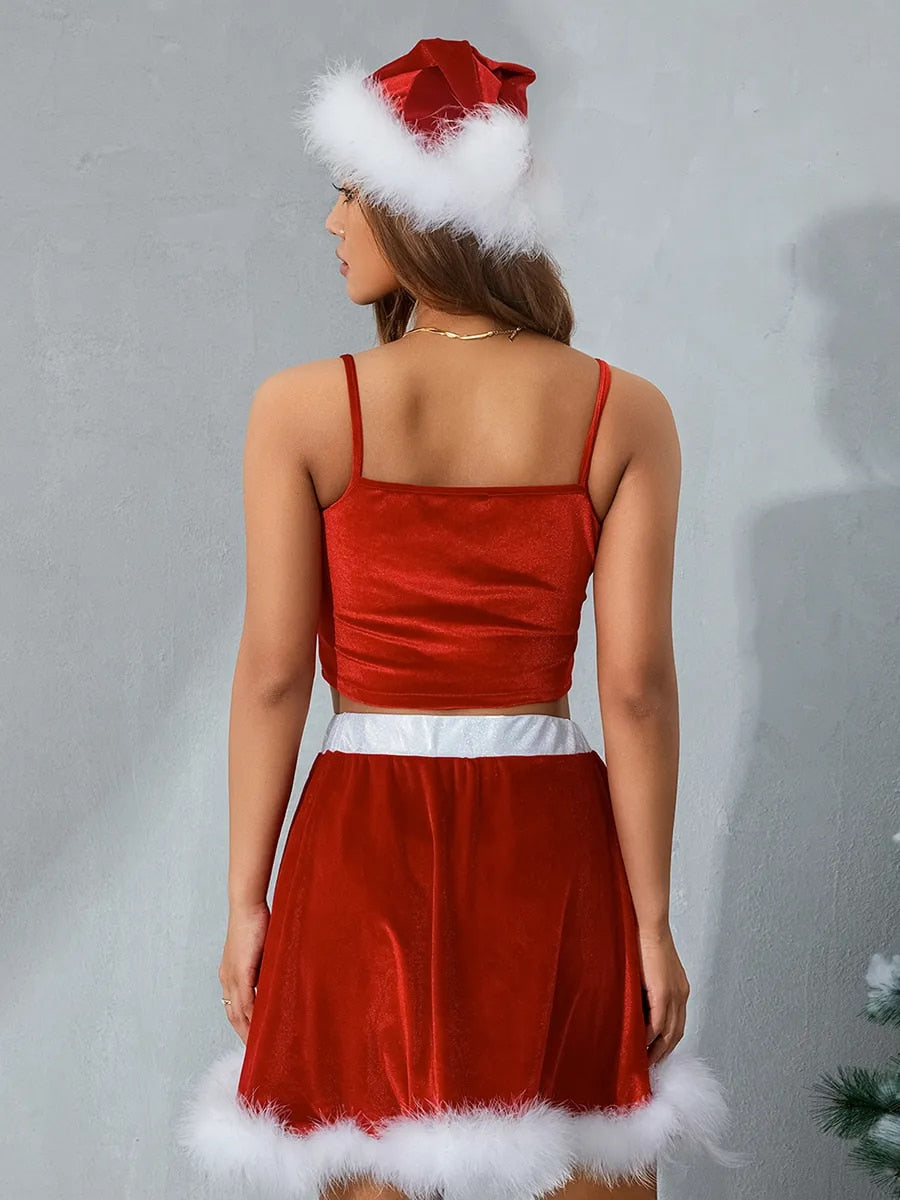 Santa Claus Cosplay Christmas Feather Mini Skirt + Cami Top + Hat | Chuzko.com