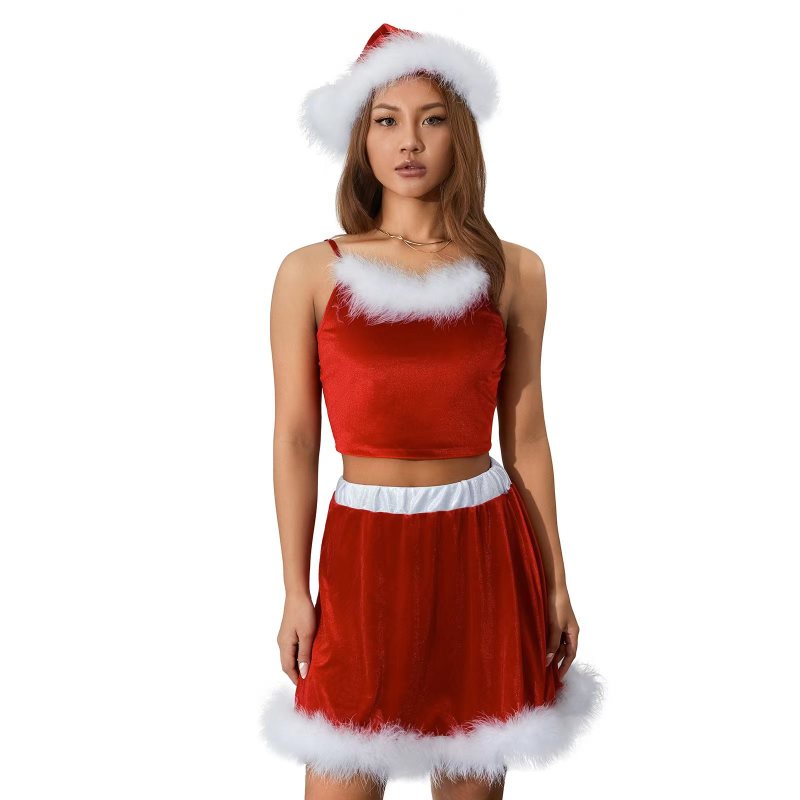 Santa Claus Costume Christmas 3-Piece Skirt + Cami Top + Hat	
