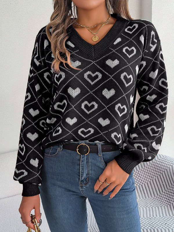 Knitted Heart Drop Shoulder V-Neck Sweater Sweaters | Chuzko.com