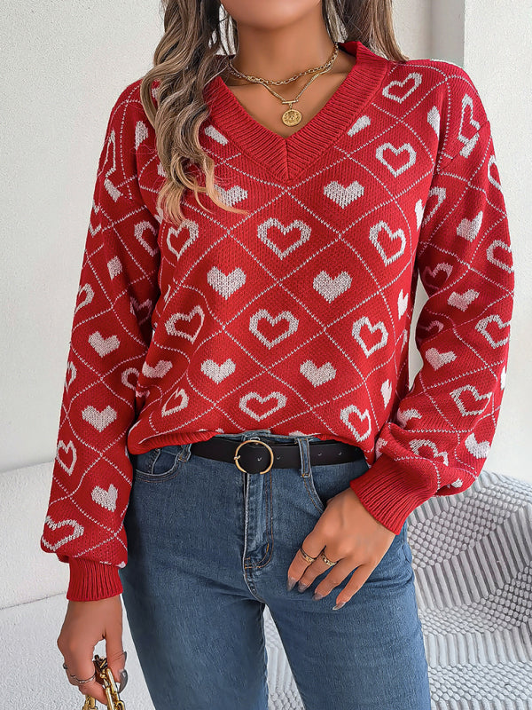 Knitted Heart Drop Shoulder V-Neck Sweater Sweaters | Chuzko.com