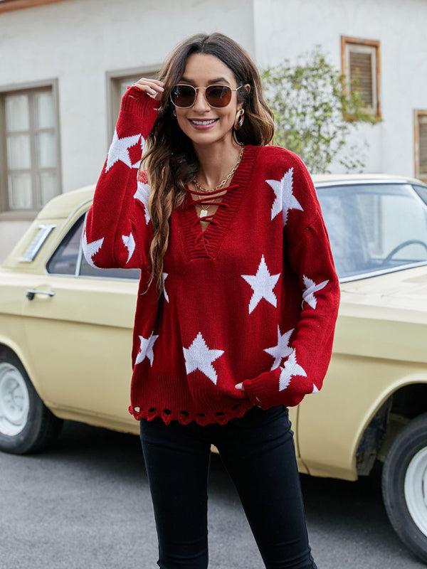 Women’s Star Knit Lace-Up Back V-Neck Sweater Sweaters | Chuzko.com