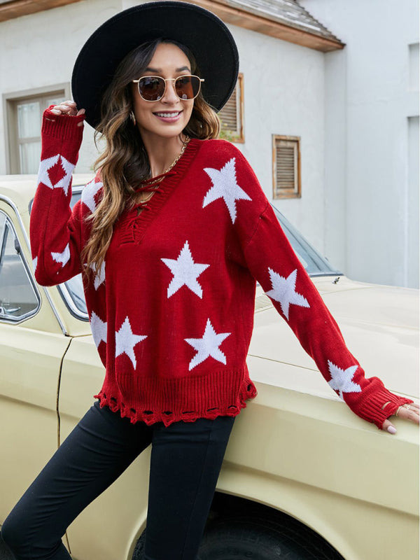 Women’s Star Knit Lace-Up Back V-Neck Sweater Sweaters | Chuzko.com