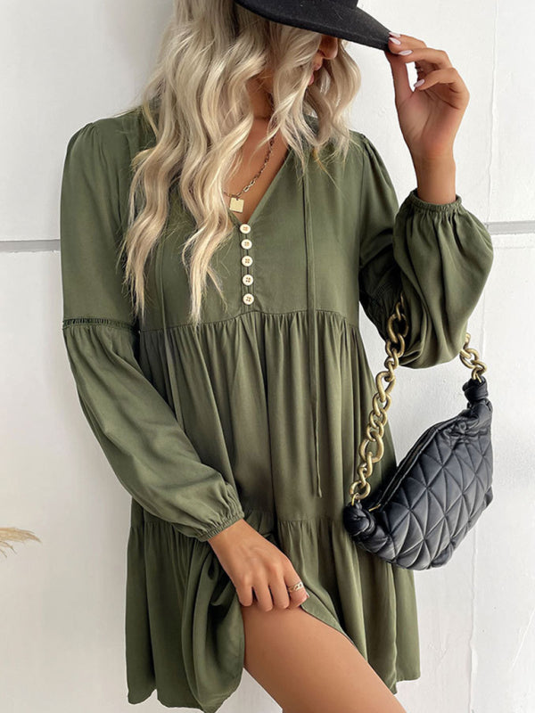 Solid Tiered Baggy Lantern Sleeve Mini Dress Tiered Mini Dresses | Chuzko.com