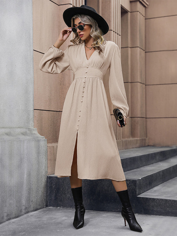 Textured Lantern Sleeve V-Neck Midi Dress	
