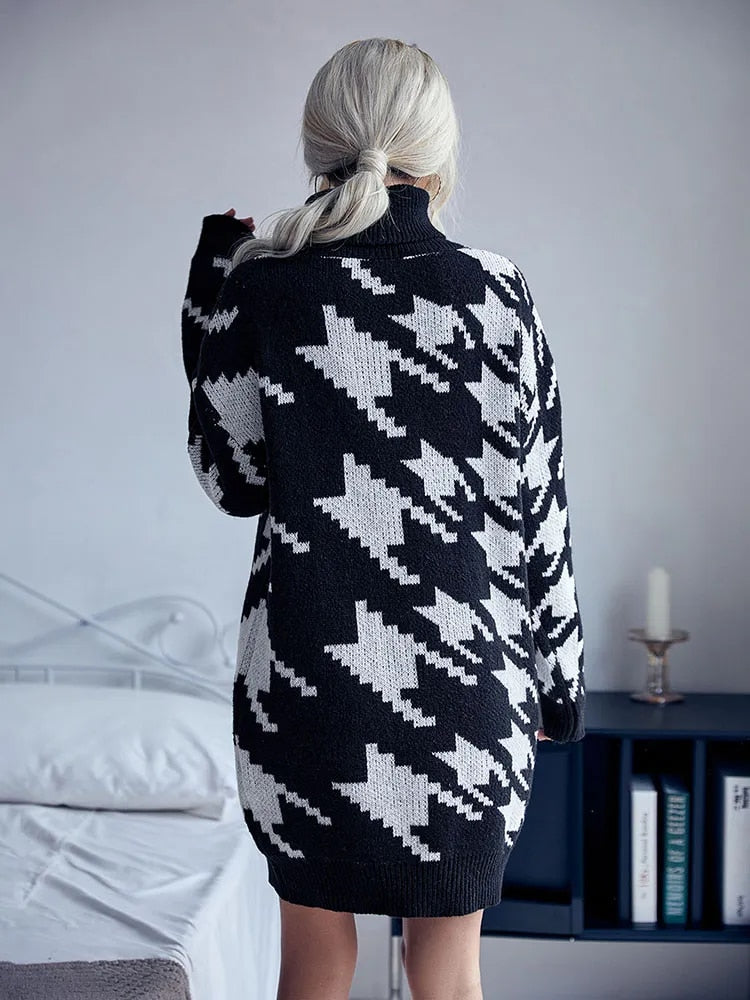 Knitted High Neck Houndstooth Sweater Dress Sweater Dresses | Chuzko.com