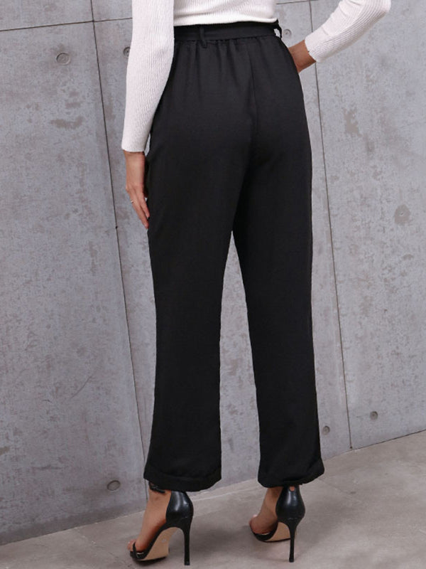 Solid Elastic Waist Belted Straight-Leg Pants Pants | Chuzko.com