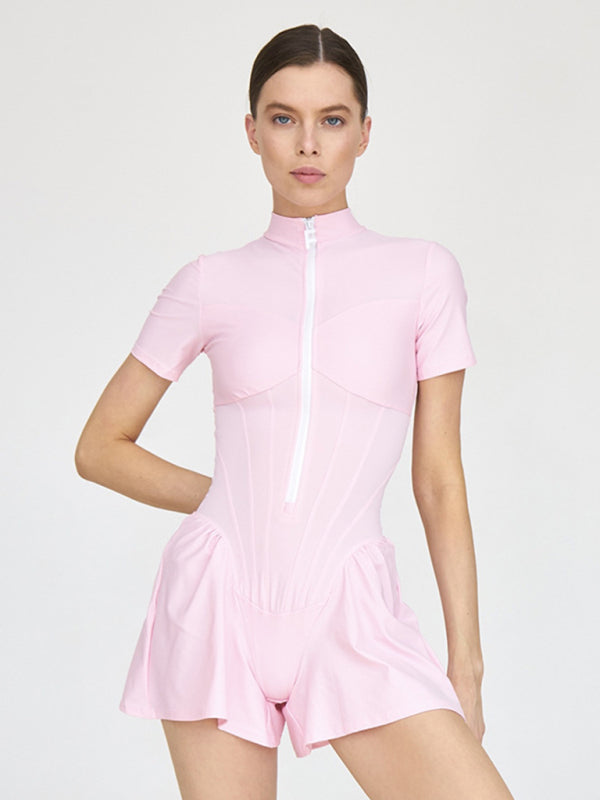 Sporty Zip-Up Bandage Wide-Leg Shorts Romper	