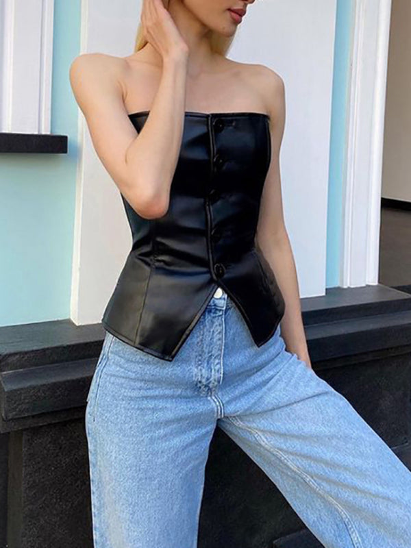 Button-Front Strapless Faux Leather Tube Top Strapless Tops | Chuzko.com