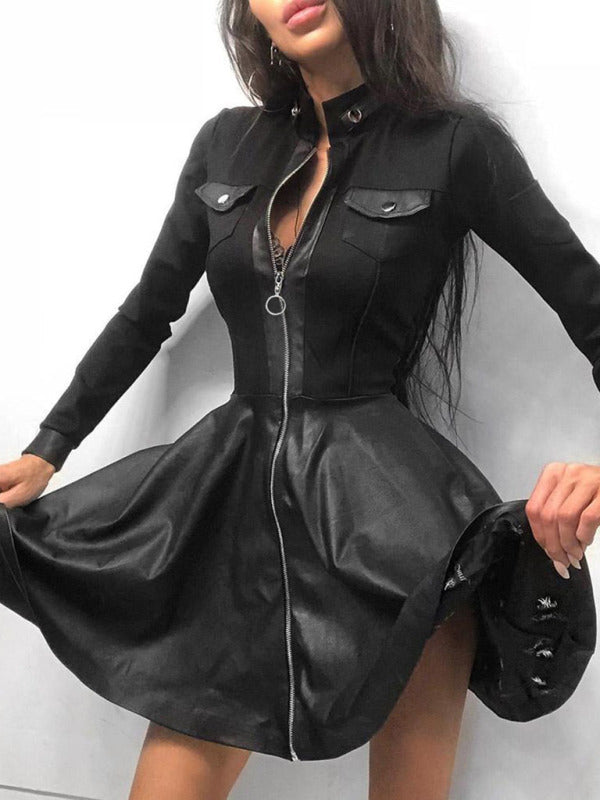 Long Sleeve Skater Patchwork Faux-Leather  Zip-Up Mini Dress | Chuzko.com