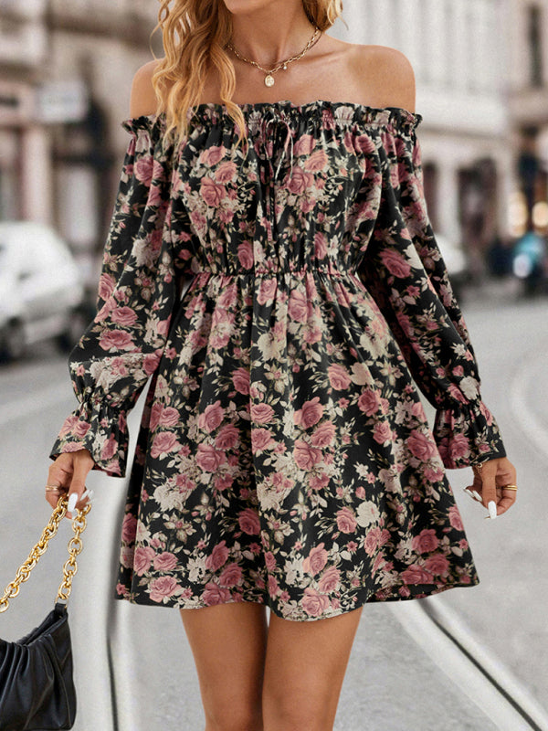 Dinner Floral Off The Shoulder Long Sleeve Mini Dress	