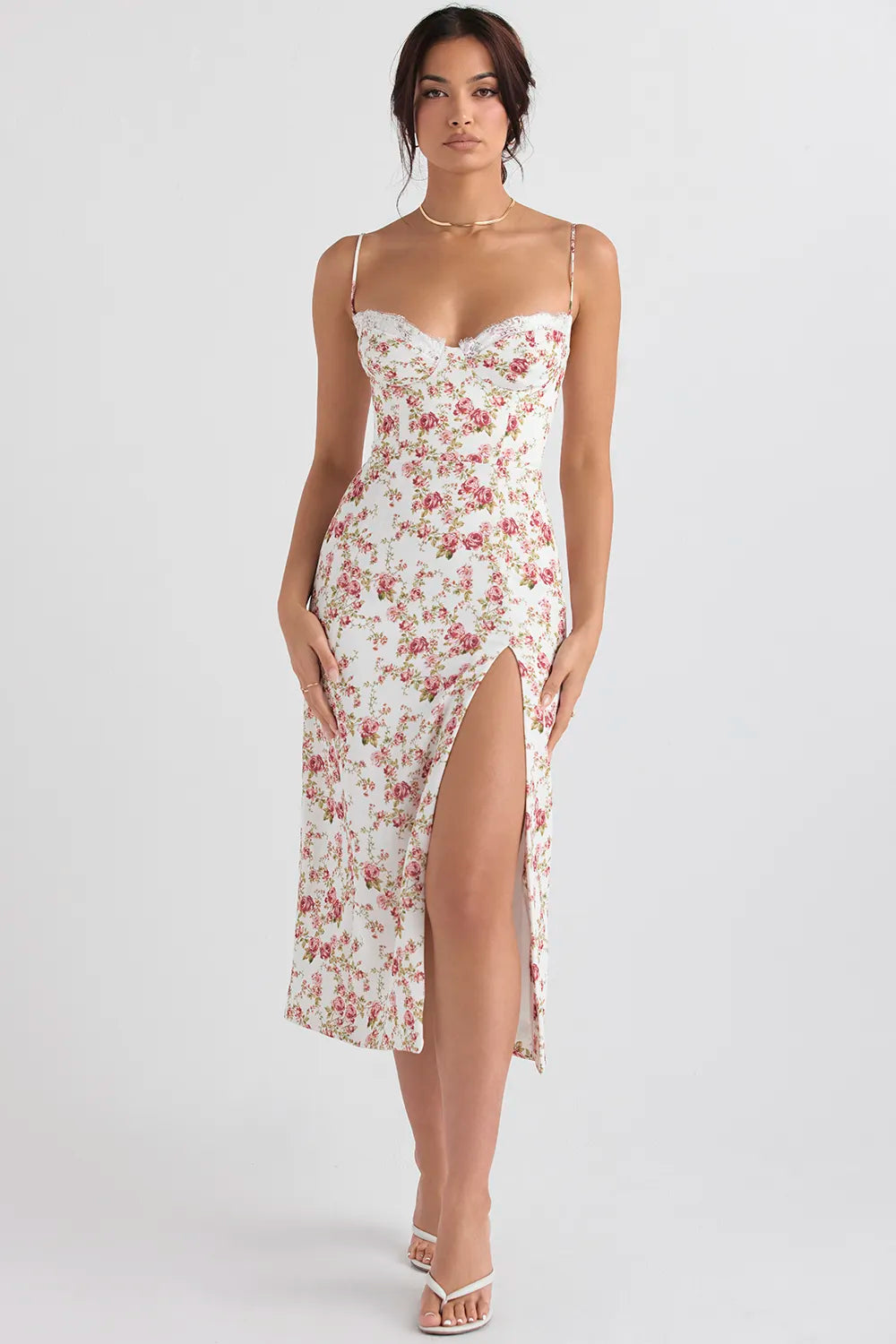 Floral Split Thigh Bodycon Bustier Cami Midi Dress Cami Midi | Chuzko.com