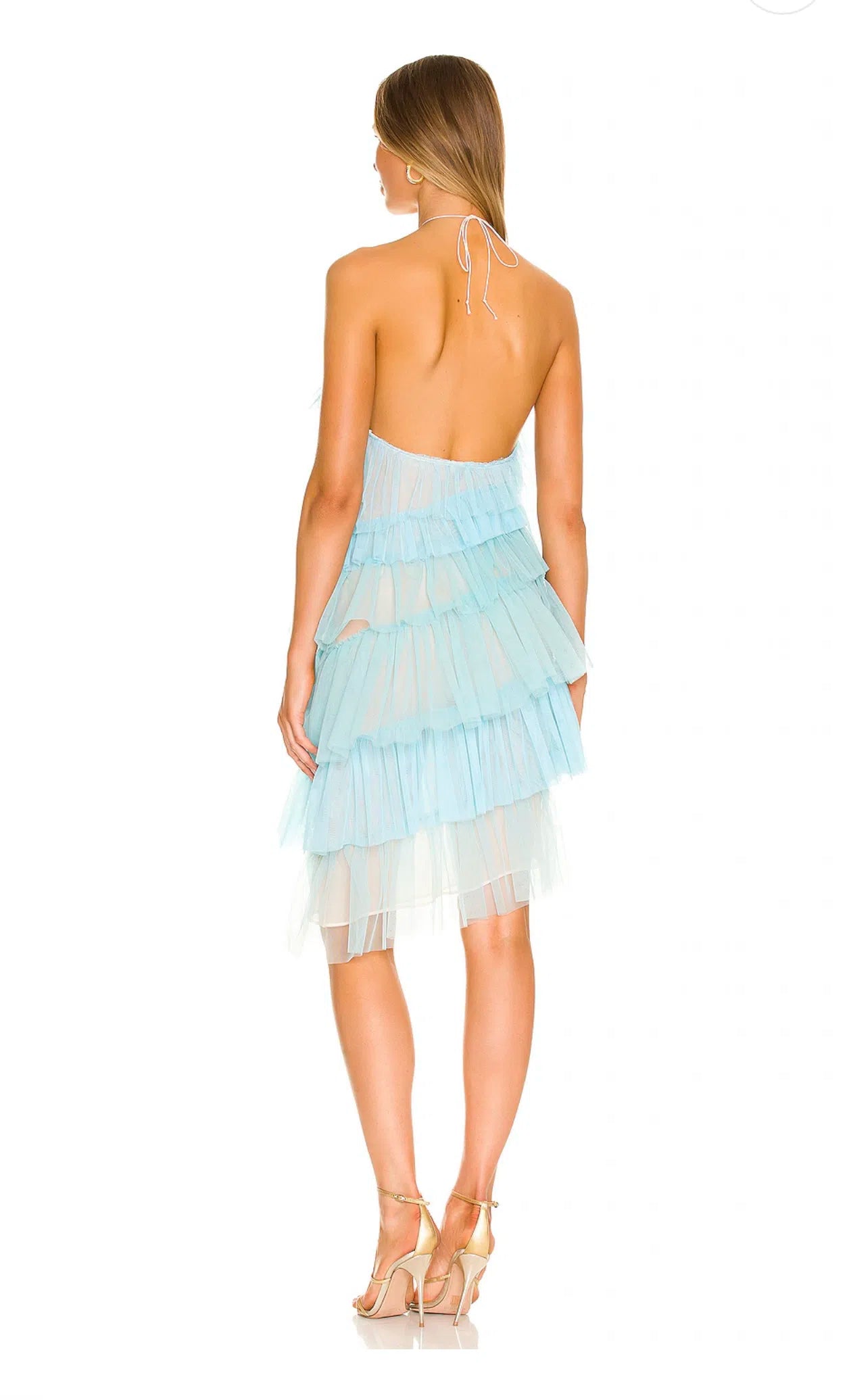 Elegant Mesh Tiered Ruffle Backless Halter Midi Dress Party | Chuzko.com