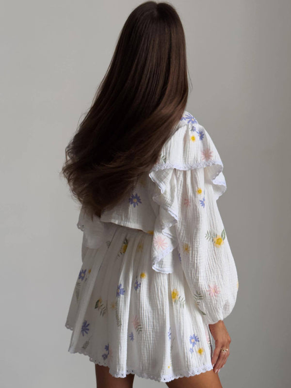 Cotton-Linen Heart Print Balloon Sleeve Blouse and Flowy Mini | Chuzko.com