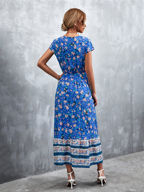 Floral V-Neck Waist Tie Ruffle Hem Midi Maxi Dress Floral Dresses | Chuzko.com