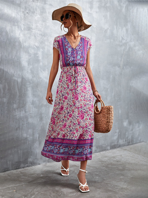 Floral V-Neck Waist Tie Ruffle Hem Midi Maxi Dress Floral Dresses | Chuzko.com