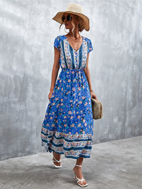 Floral V-Neck Waist Tie Ruffle Hem Midi Maxi Dress Floral Dresses | Chuzko.com