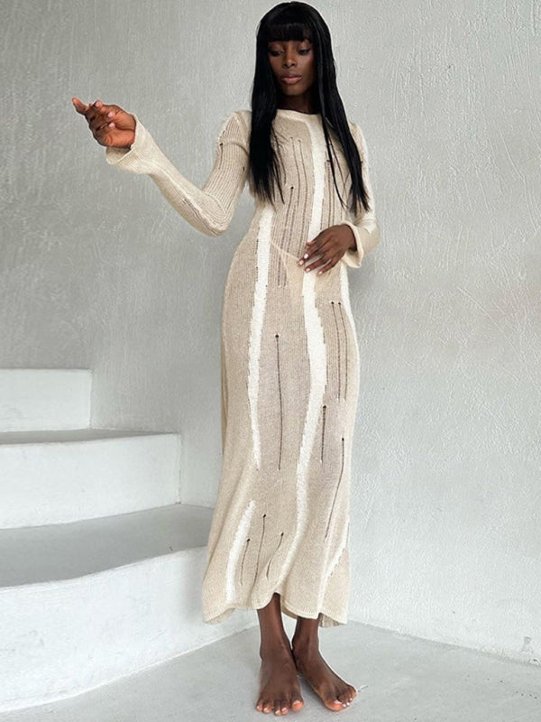 Long Sleeve Bodycon Distressed Wool Cashmere Sweater Maxi Dress | Chuzko.com