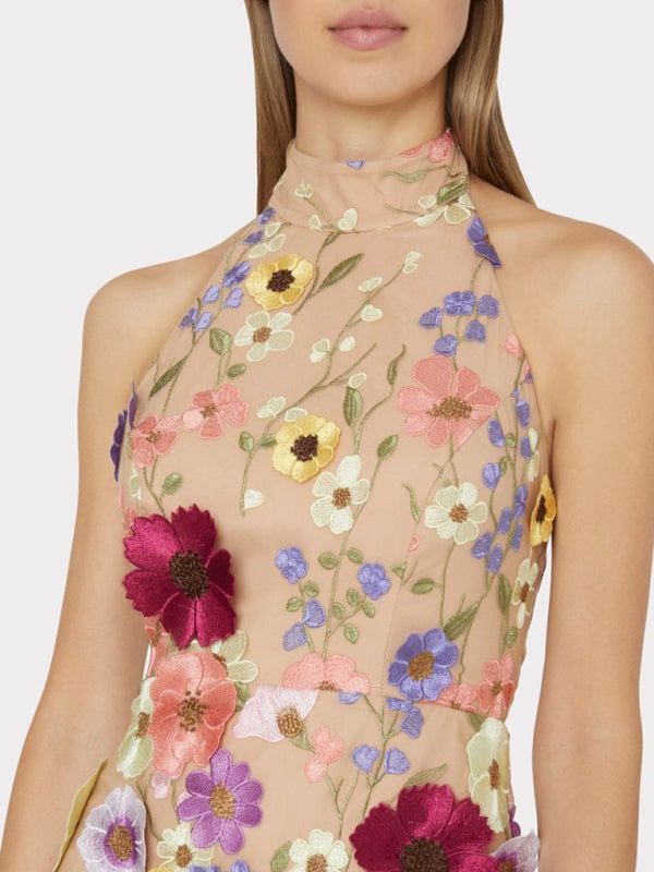 Elegant Backless Halterneck Bouquet Floral Applique Mini Dress | Chuzko.com