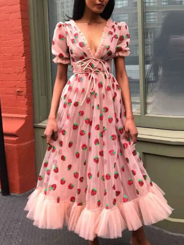 Tulle Strawberry Appliqué Fit & Flare Frill Plunge Midi Dress	