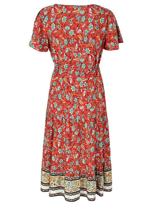 Casual Cotton Floral Short Sleeve Tie-Waist Midi Dress Floral | Chuzko.com