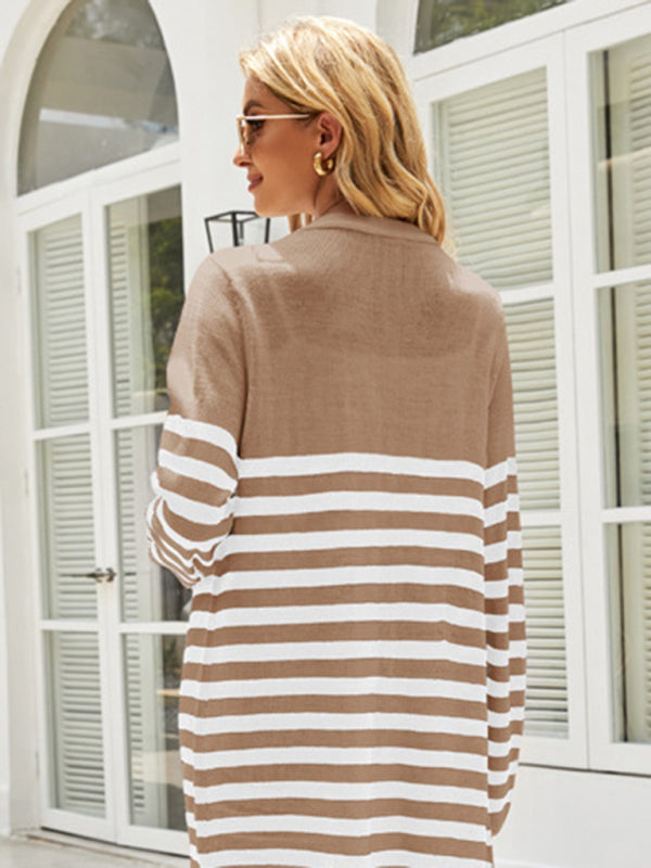 Stripe Knit Open Front Mid-Length Cardigan Duster Cardigans | Chuzko.com