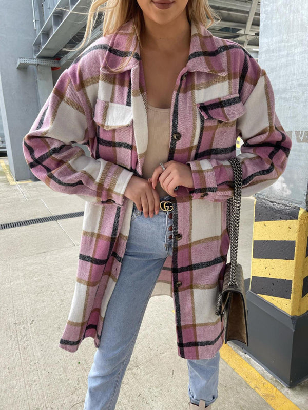 Winter Plaid Mid-Length Button-Up Collar Jacket	