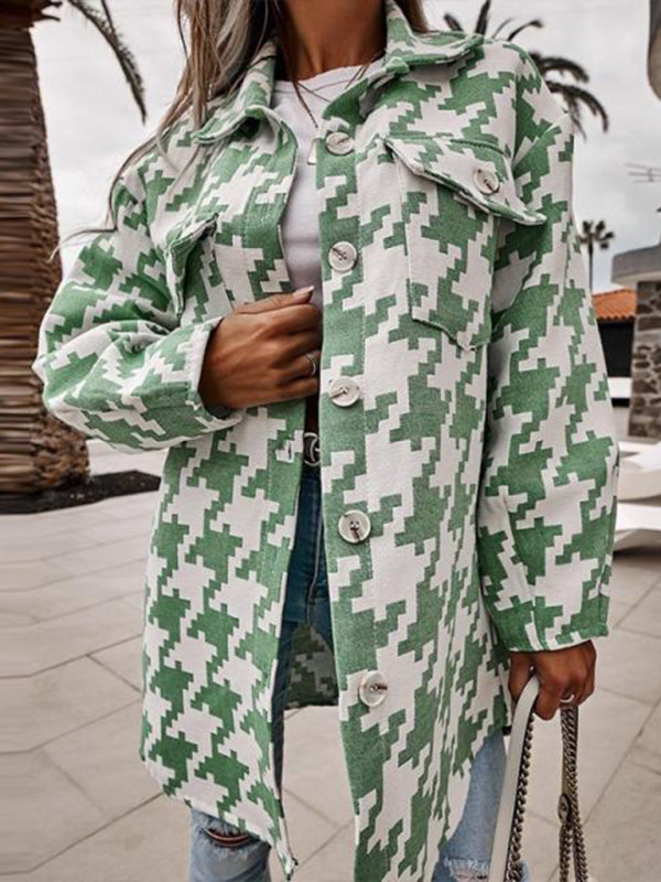 Houndstooth Wool-Blend Collared Mid-Length Jacket Coat	